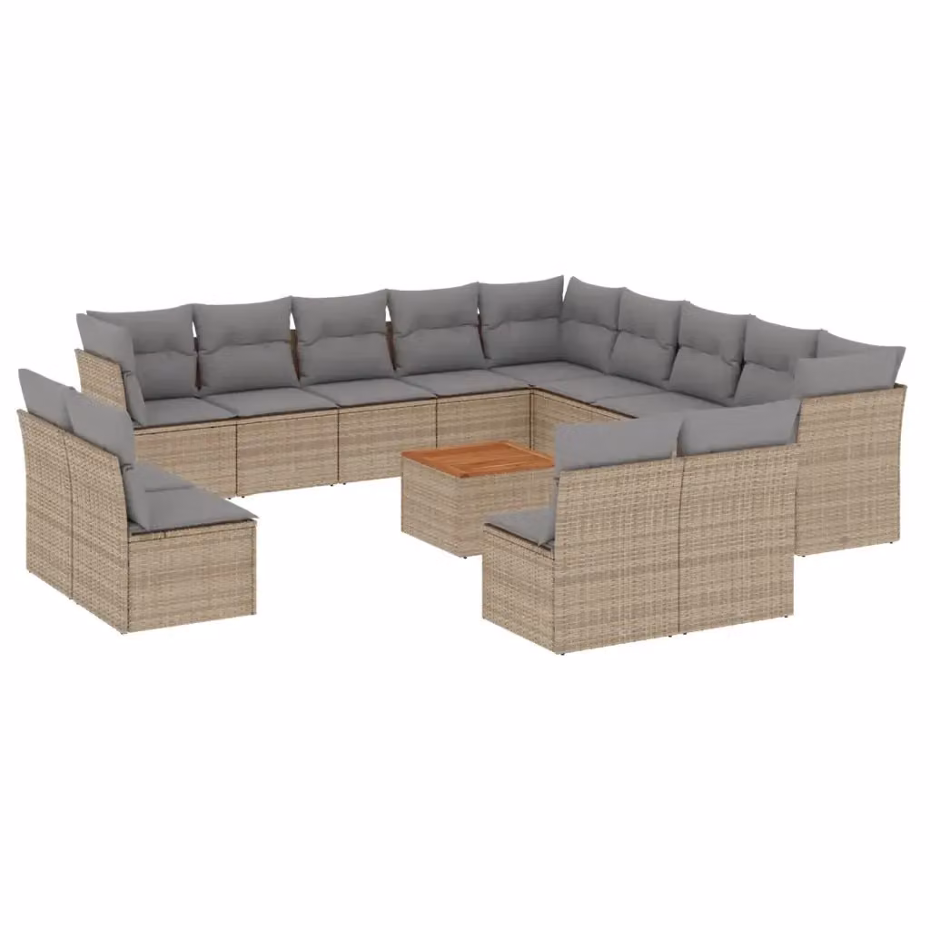 vidaXL Set Divano da Giardino 14 pz a Forma di L in Polyrattan con Cuscini Beige e Grigio e Tavolino da Esterno – 2
