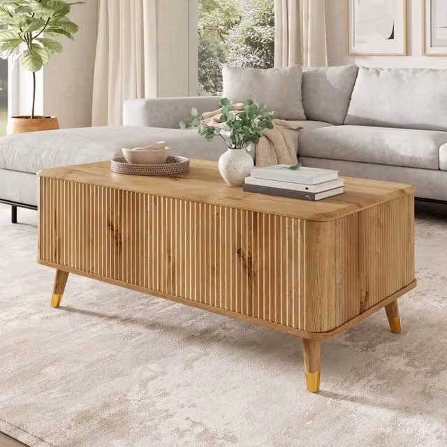 Tavolino basso alzabile con piano estraibile e vano contenitore in MDF effetto legno naturale 97 × 52 × 56.5 cm