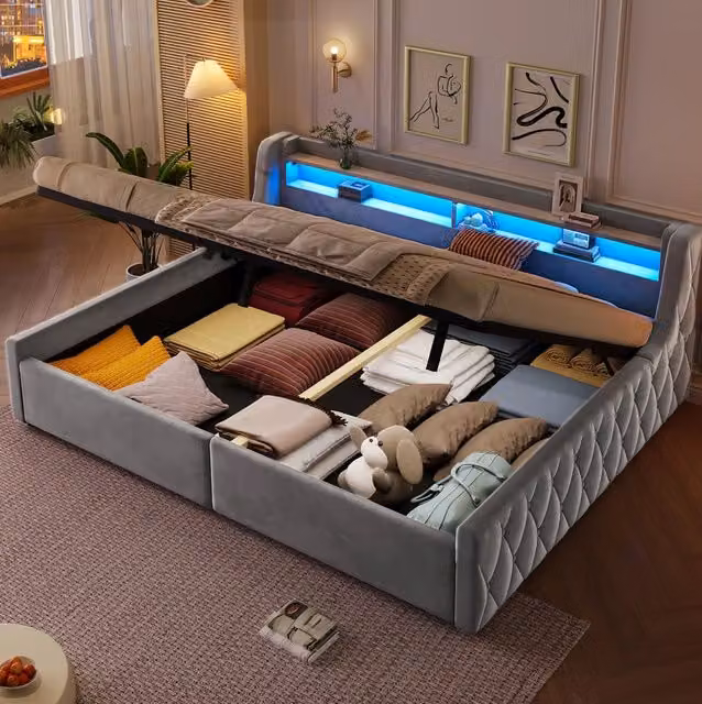 Letto a piattaforma 140x200 cm grigio con contenitore idraulico e LED, senza materasso