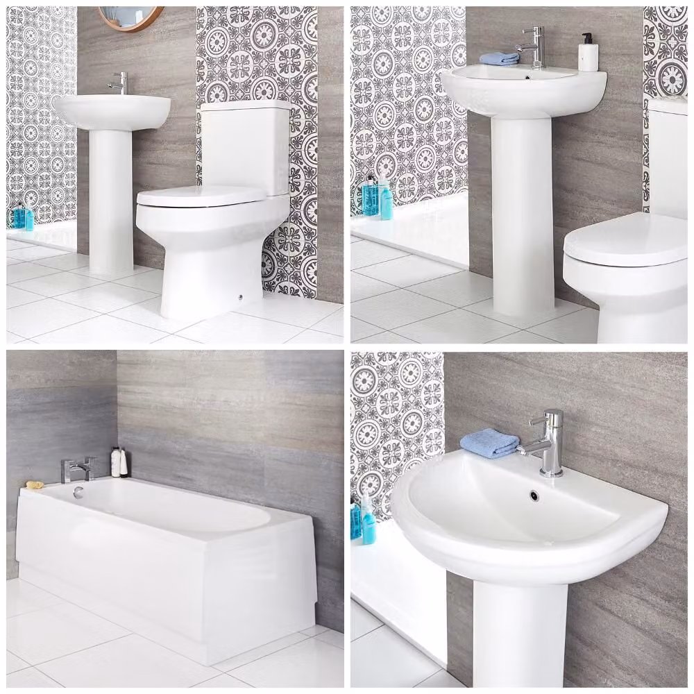 Set Bagno Moderno con Vasca, Lavabo su Colonna e Sanitario WC Monoblocco - Covelly