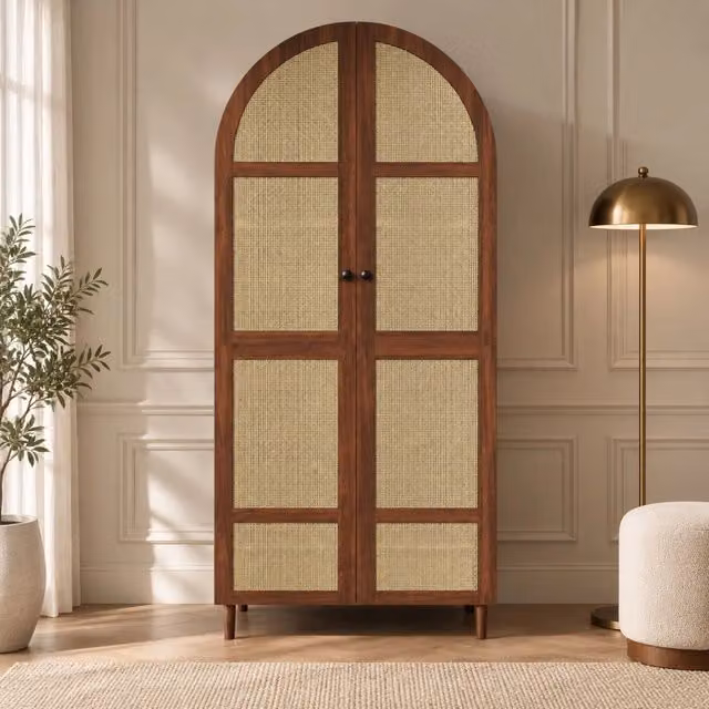Armadio guardaroba con ante curve in rattan asta appendiabiti ripiani e cassetti per camera in MDF colore noce