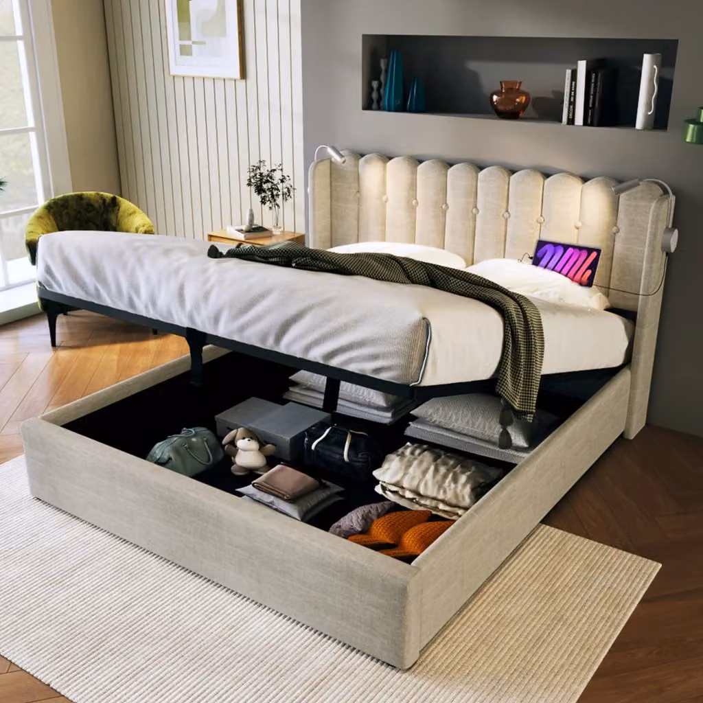 Letto matrimoniale WISHDOR imbottito con contenitore, luce da lettura e porta USB, colore beige, L/P/H: 160 x 200 x 165 cm – 2