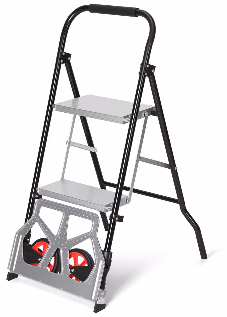 Ikodm: Carrello per scale 2 in 1, scala pieghevole, carrello per sacchi pieghevole, carrello trasportabile con 2 gradini, portata 80 kg
