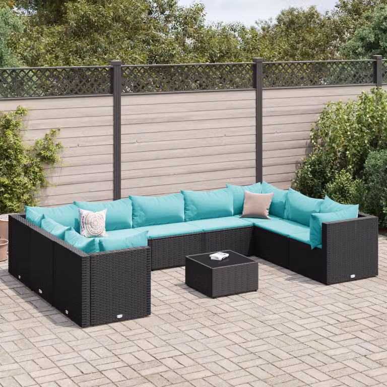 vidaXL Set Salotto da Giardino Moderno a L con Cuscini Blu e Nero e Tavolino da Esterno in Polyrattan e Metallo