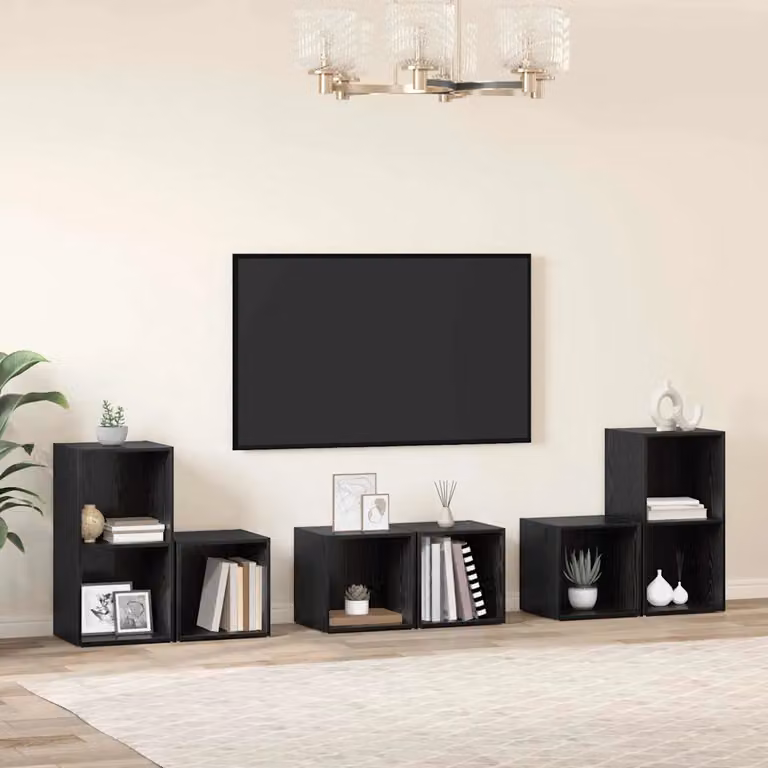 Set mobile TV moderno vidaXL in 6 pezzi, Rovere e Nero, in legno MDF per soggiorno