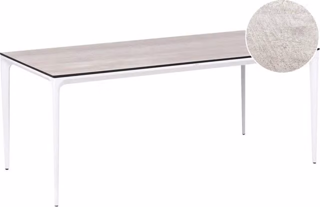 Tavolo da pranzo da giardino Piano in HPL grigio chiaro Telaio in alluminio bianco Resistente ai raggi UV all'acqua e alla ruggine Stile moderno del patio esterno