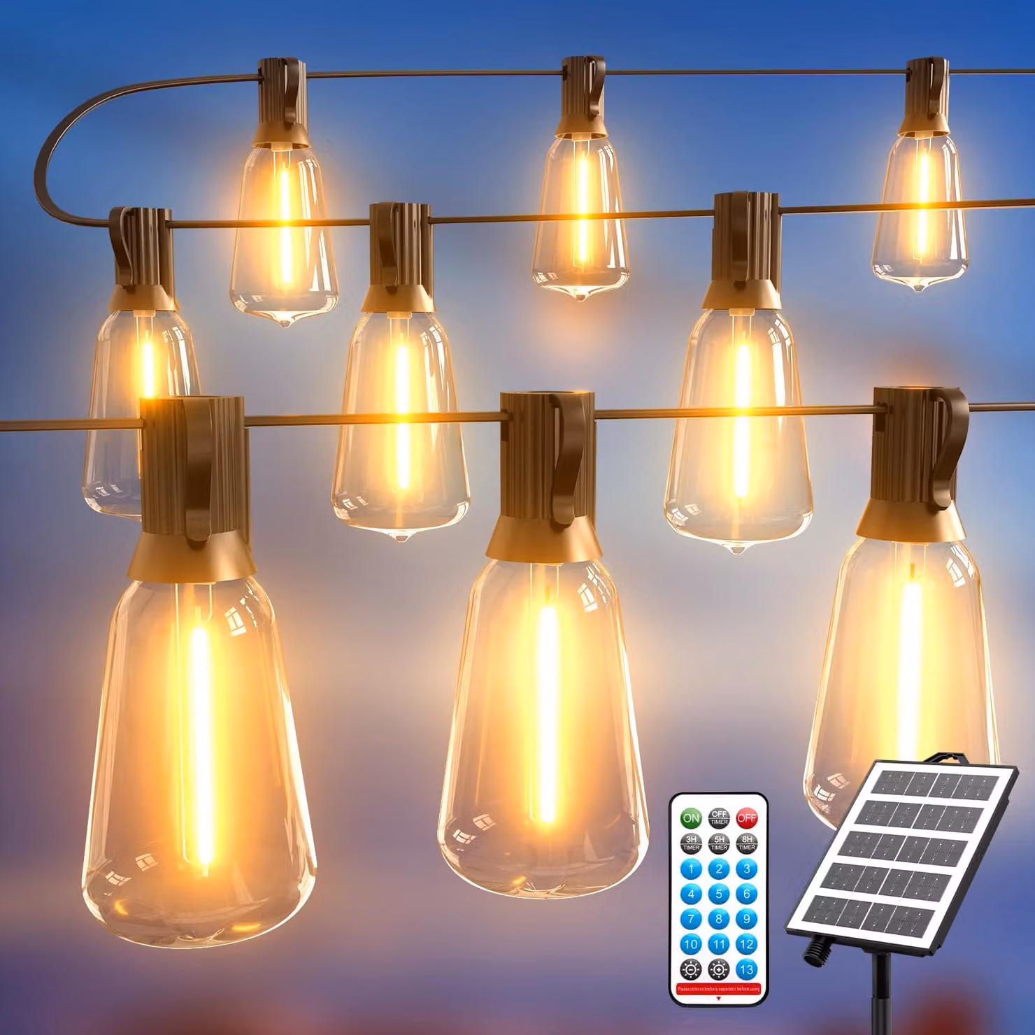 Catena luminosa solare, 12,8 metri, 18+1 LED, tipo S14, con dimmer, 13 modalità, timer