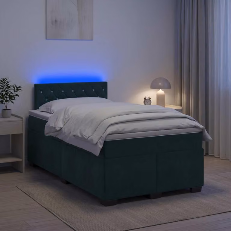 Letto a molle con materasso e illuminazione LED, colore verde scuro, 120 x 190 cm, rivestito in velluto