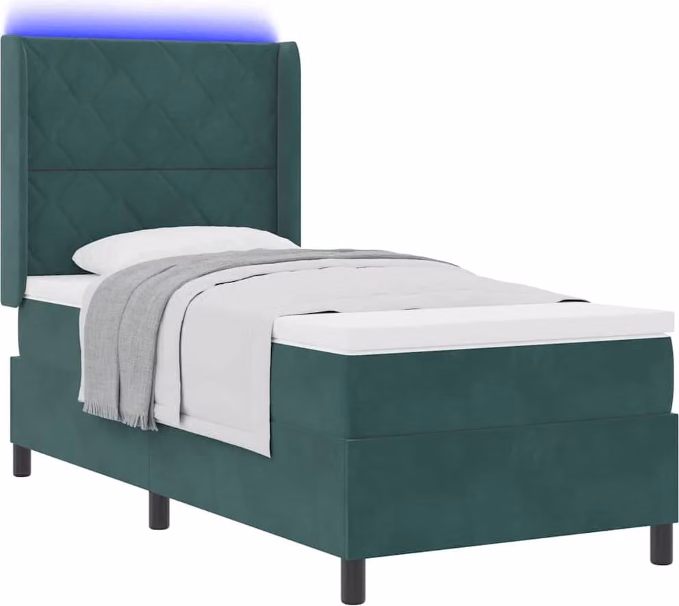 Letto a molle con strisce LED Verde Scuro 90 x 200 cm Velluto