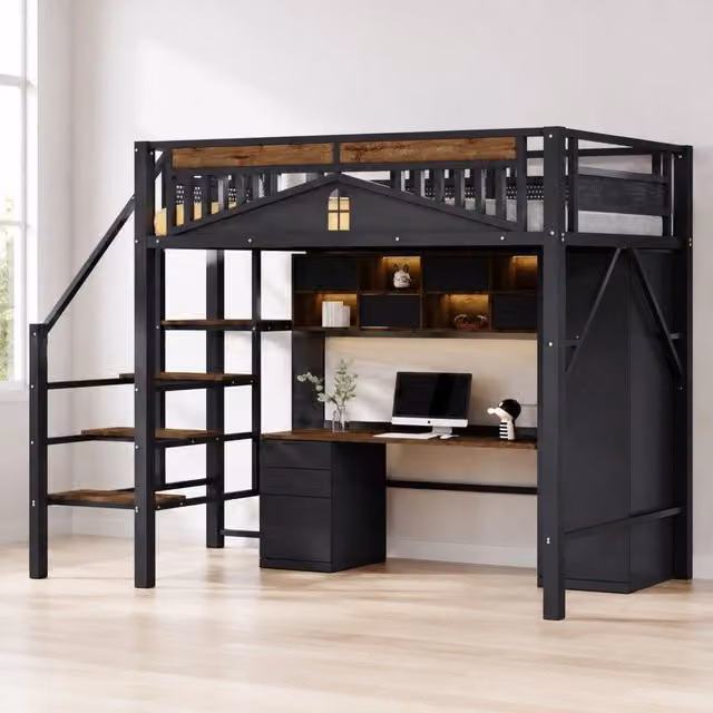 Letto a soppalco 140x200 cm in metallo e legno con scala di sicurezza; nero