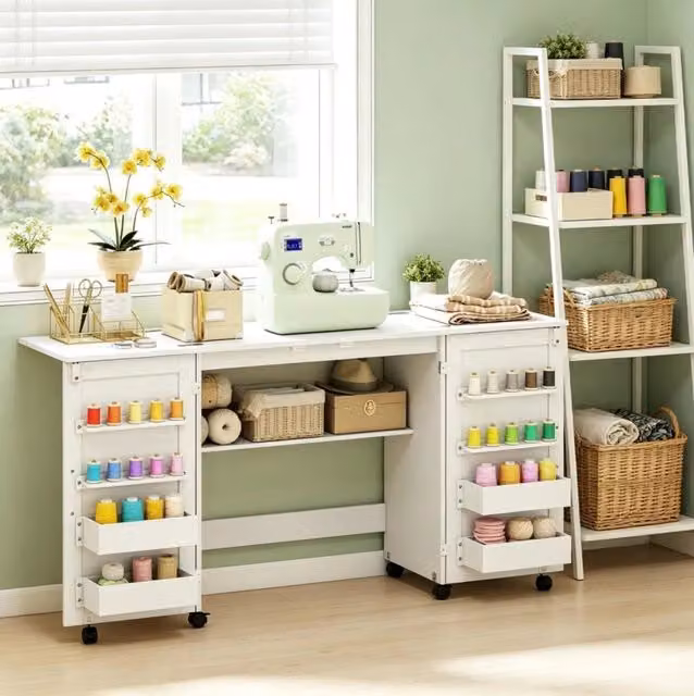 Tavolo da Cucito Pieghevole con 2 Ante Magnetiche, 4 Contenitori e 20 Ganci, Bianco 160x40x81,5 cm