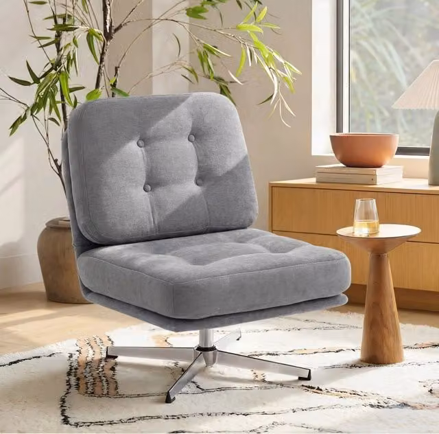 Poltrona Girevole con Rivestimento in Chenille, Seduta Larga 70 cm e Gambe in Metallo, Grigio Chiaro
