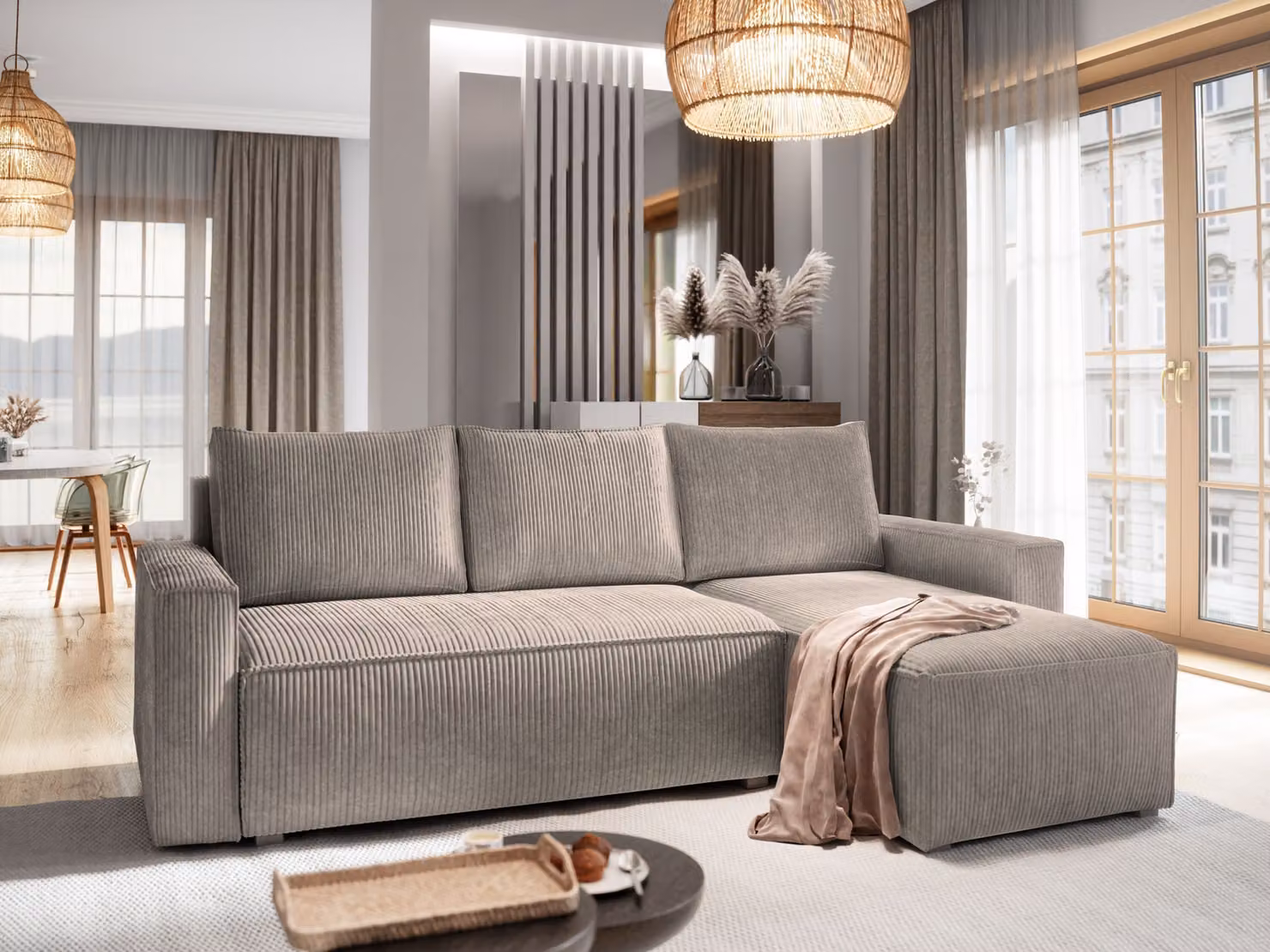 Divano angolare Masseno POTARO con funzione letto a L, divano con box letto, divano da salotto, divano, divano, divano letto, set di divani - beige, POSO 02