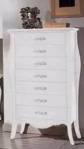 Cassettiera Settimino KIVIO in Legno di Pino Bianco Stile Shabby Chic con Maniglie Argento Cromato
