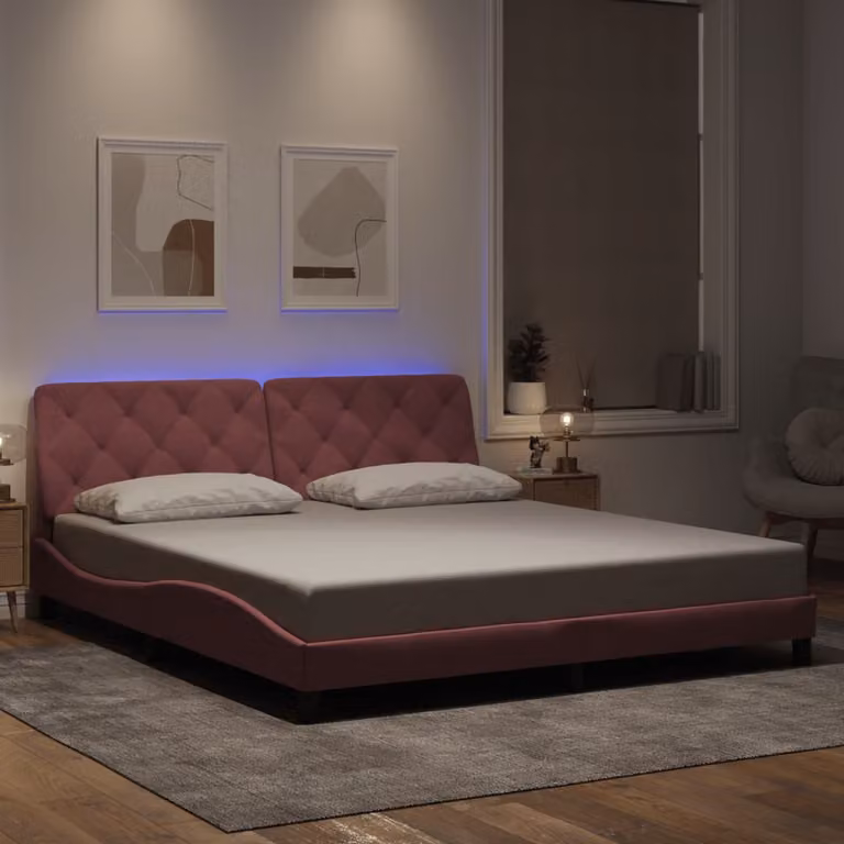 vidaXL Giroletto in Velluto Rosa con Illuminazione LED e Porta USB, L/P/H: 200 x 180 x 74,5 cm