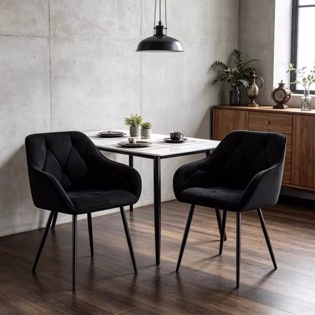 Set di 2 sedie da pranzo imbottite in velluto nero con schienale ergonomico e gambe in metallo