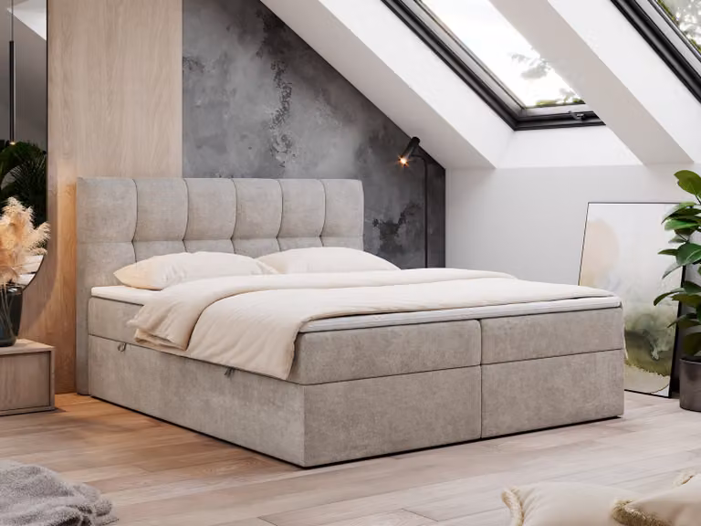 Letto boxspring 120x200 con contenitore, letto con materasso a tasche - topper H4, letto imbottito 120x200 con contenitore e testiera, letto boxspring con materasso H4 - RICO - 120x200 - Beige - Struttura - H4