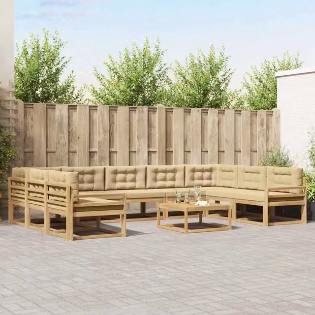 Set di divani da esterno a forma di U vidaXL in legno di acacia con cuscini Bianco e Beige – 1