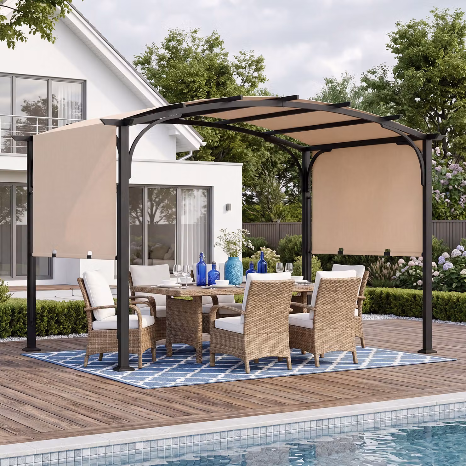 Gazebo da giardino Costway con tetto arcuato a cupola e tettuccio scorrevole in struttura metallica, Beige