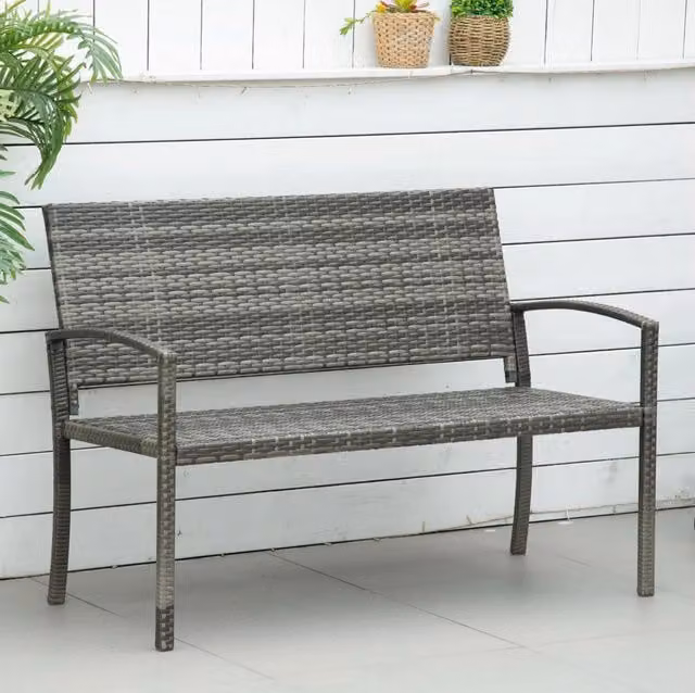 Panca da giardino ULEVR 119x13x57 cm in polyrattan grigio con struttura in acciaio, 2 posti, portata 320 kg