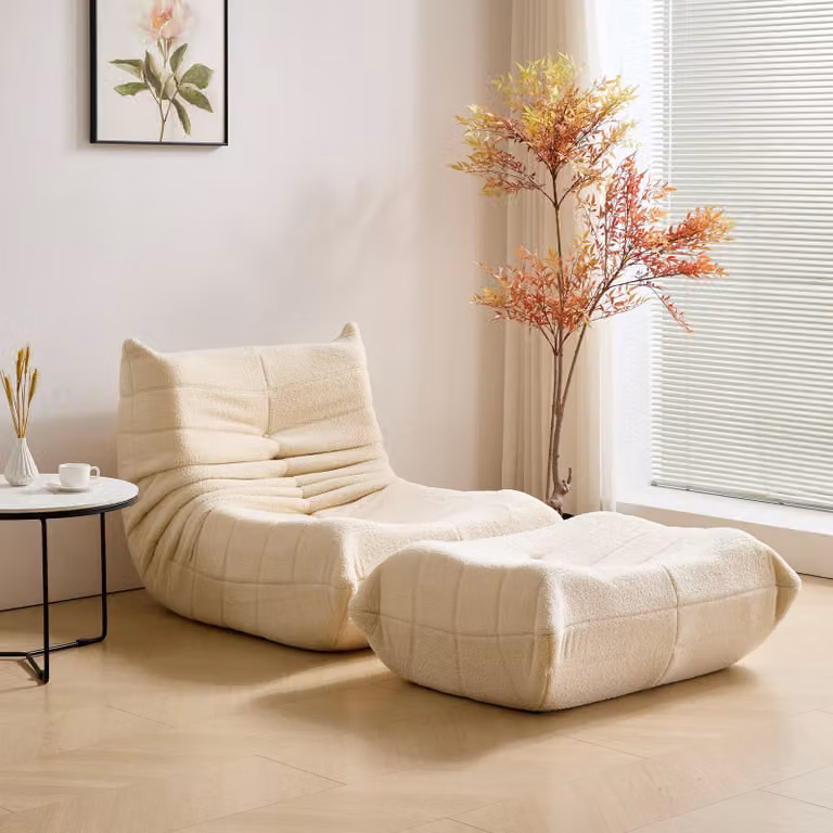 MODFU: Letto pieghevole, divano "lazy" con schienale e poggiapiedi, poltrona a divano a una piazza color beige, divano lounge con cuscino, poltrona da meditazione in velluto