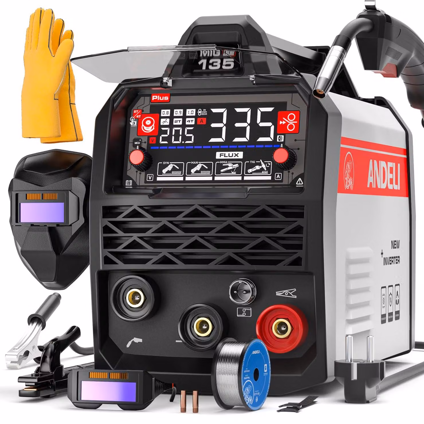 Saldatrice MIG 135A 4-in-1, senza gas - 230 Volt - Compatta e maneggevole - Multiprocesso