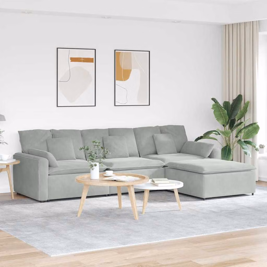 vidaXL Divano Modulare a L in Velluto Grigio con Cuscini e Struttura in Metallo e Legno