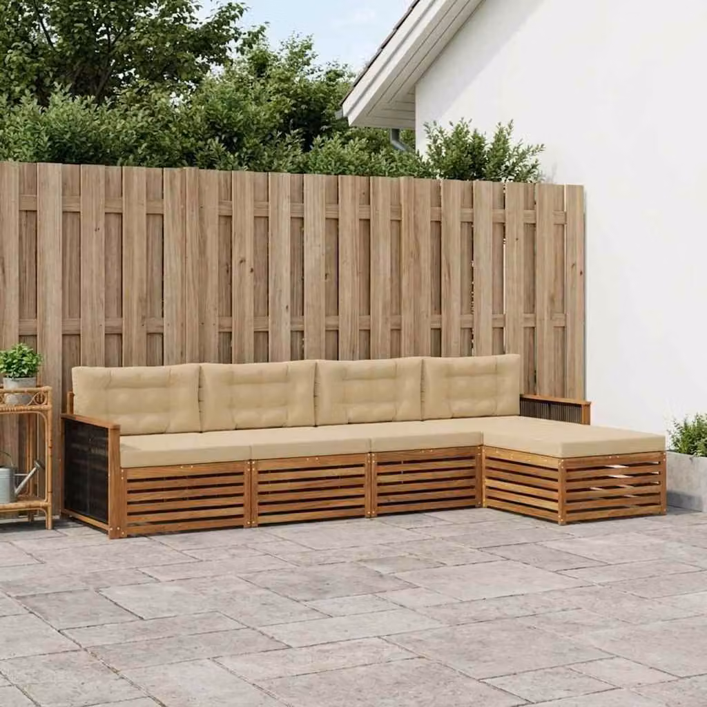 Set di divani da esterno vidaXL a forma di L in legno di acacia con pouf e cuscini, Beige e Marrone