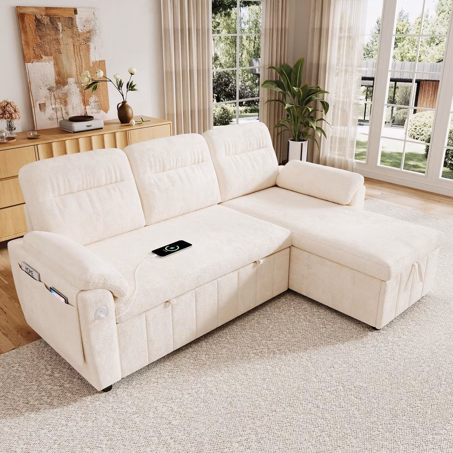 Divano a forma di L con meccanismo letto estraibile, divano angolare con porte USB e Type-C, divano letto con spazio contenitore, in tessuto tipo chenille, color beige