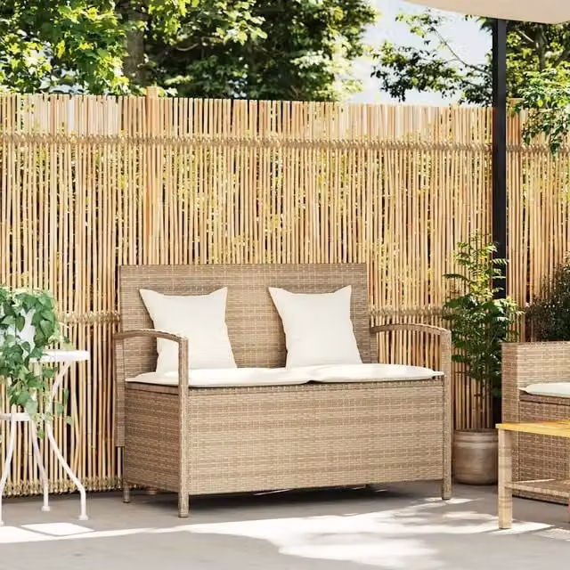 Panca portaoggetti da giardino vidaXL in polyrattan con cuscini beige e bianco