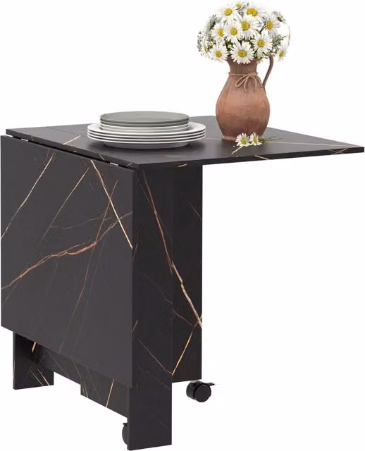 Tavolo da pranzo pieghevole XYLO con ruote effetto marmo nero L: 120 cm, P: 80 cm, H: 73 cm