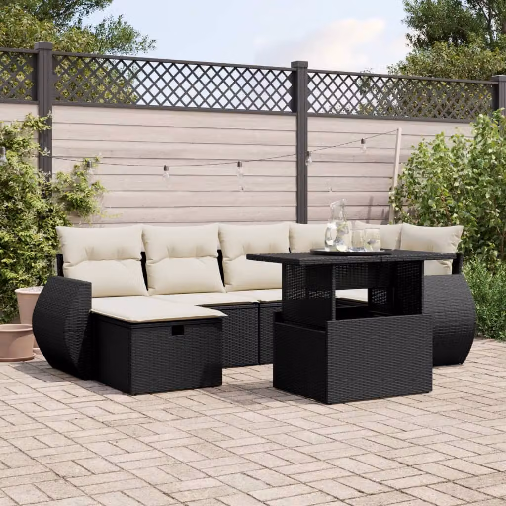 Set Divani da Giardino vidaXL in Polyrattan Nero con 7 Pezzi e Cuscini Imbottiti – 1