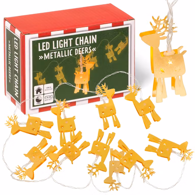 Catena luminosa a LED con 10 decorazioni a forma di renna, lunghezza 1,84 metri, luce bianco caldo, con timer, realizzata in metallo