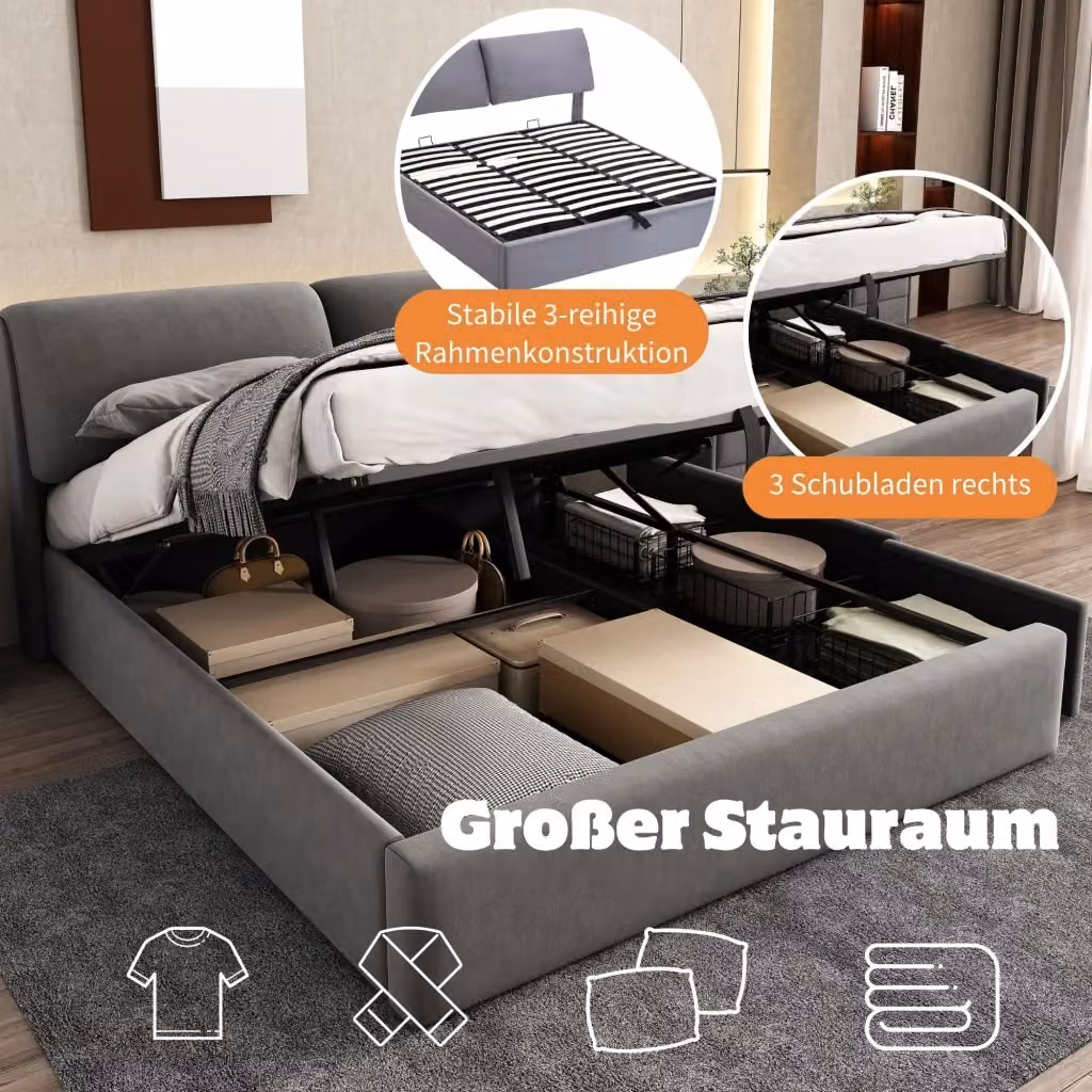 Letto contenitore REDOM con base a sollevamento idraulico e struttura imbottita in velluto grigio, L/P: 160 x 200 cm – 2