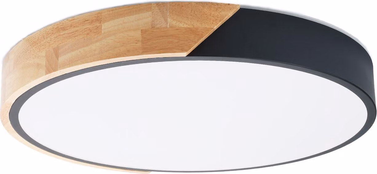 Plafoniera LED rotonda "KUMO" 30W Ø40cm, Metallo nero con legno naturale, Luce selezionabile 3000K-4000K-6000K