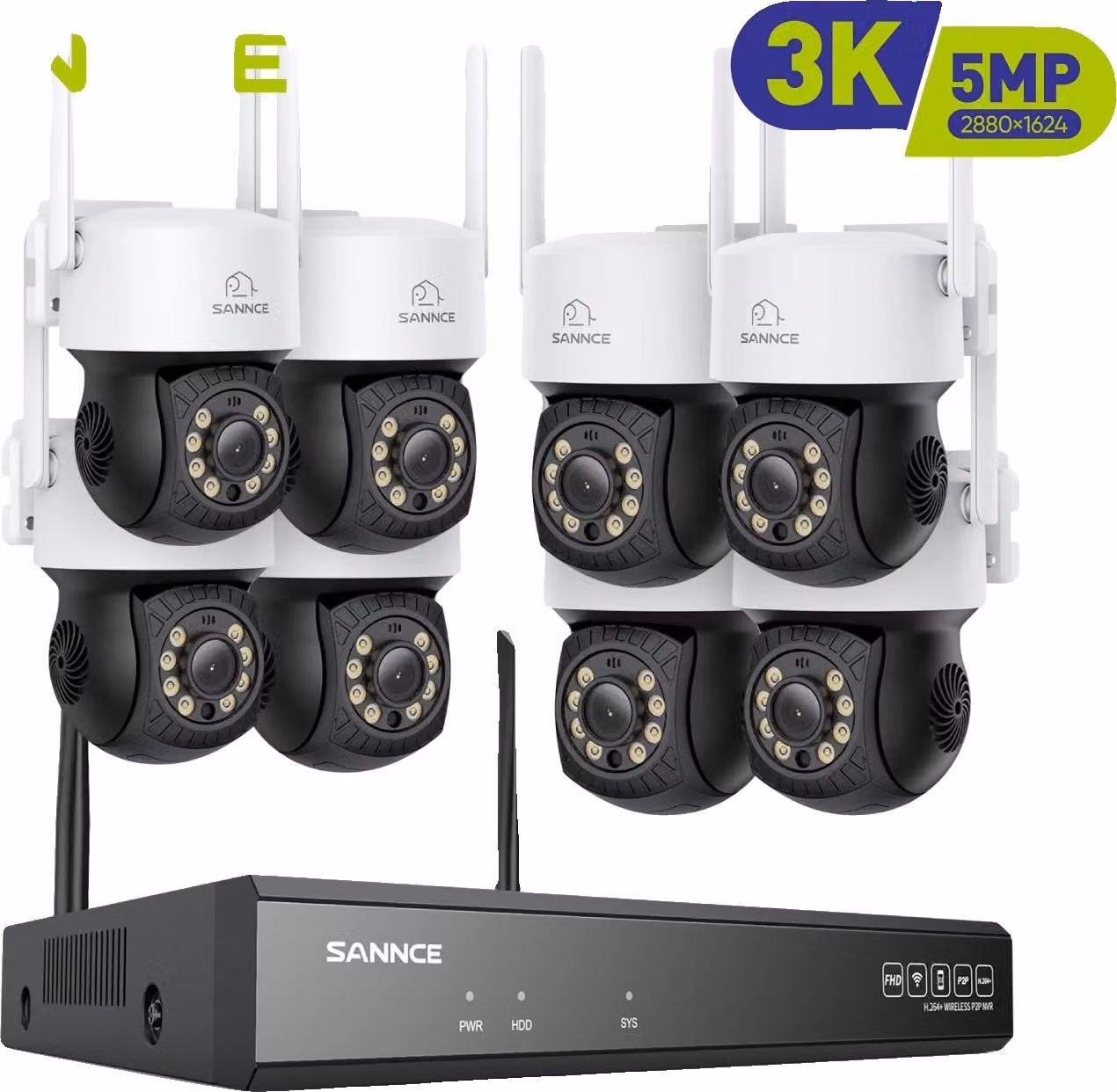 Sistema di sorveglianza wireless, visione notturna, ingresso a 16 canali, telecamera 5MP 51CM 8pcs, Nessuno
