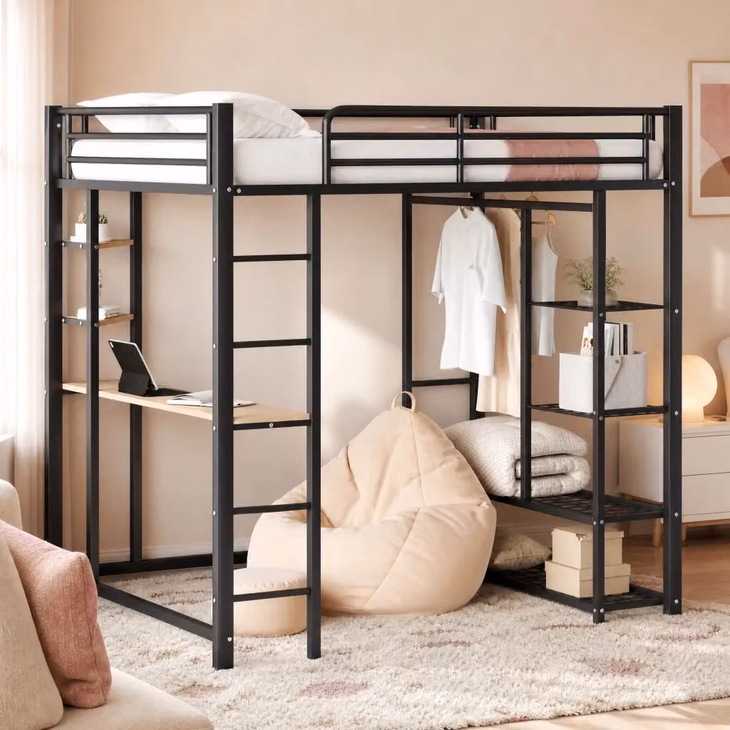Letto a soppalco Mivray nero con scrivania, appendiabiti e ripiani in metallo e MDF, L/P/H: 200 x 140 x 180 cm – 2