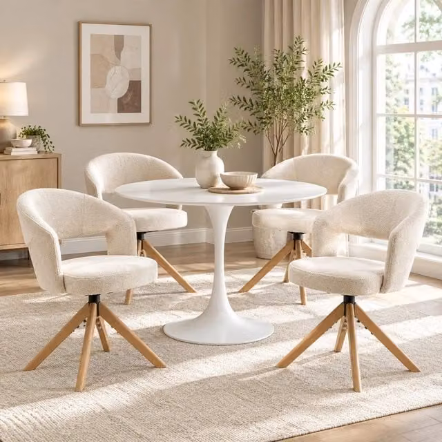 Set di 2 sedie da pranzo girevoli MIVRAY in tessuto bianco con gambe in legno e schienale curvo L: 49 cm, P: 50 cm, H: 81,5 cm