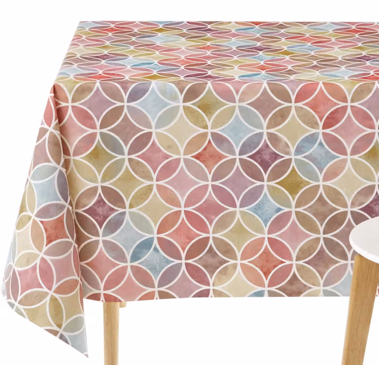 Tovaglia in PVC, lavabile, dimensioni 250 x 140 cm, colorata con motivi geometrici a cerchi, per 8 persone