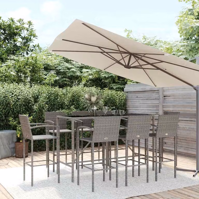 Set da Bar da Giardino vidaXL in Polyrattan Grigio e Nero con Piano in Vetro, 9 Pezzi