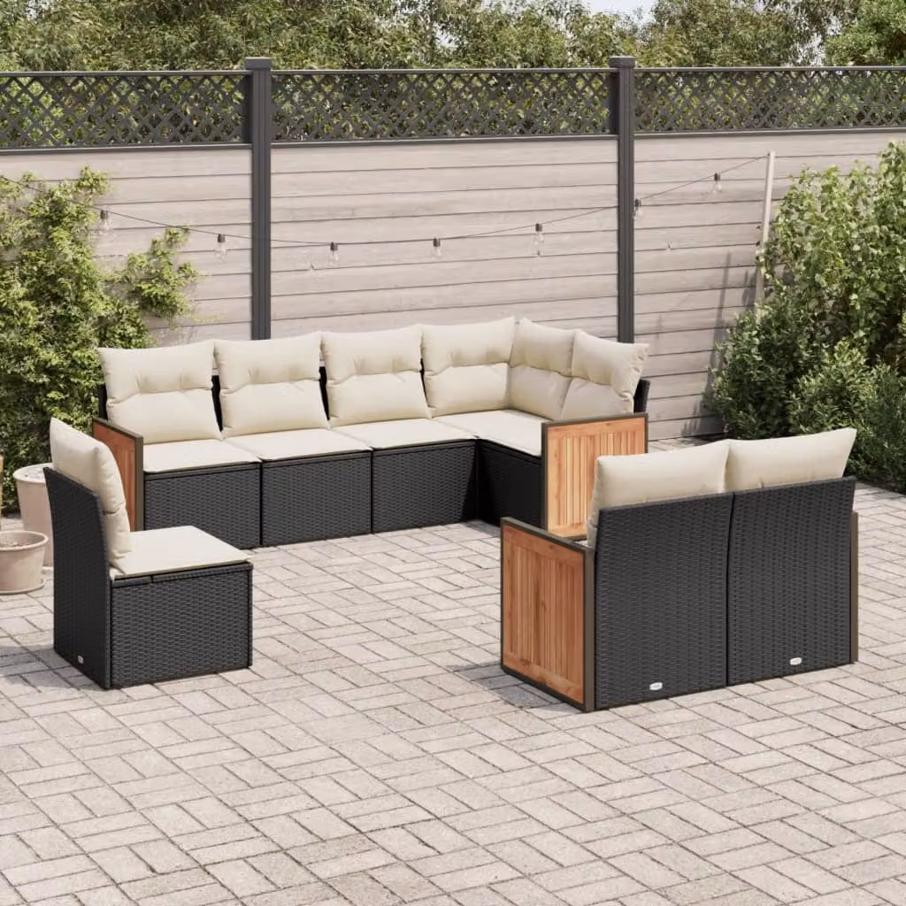 Set di divani da giardino vidaXL a forma di L in polyrattan nero con 8 cuscini inclusi – 1
