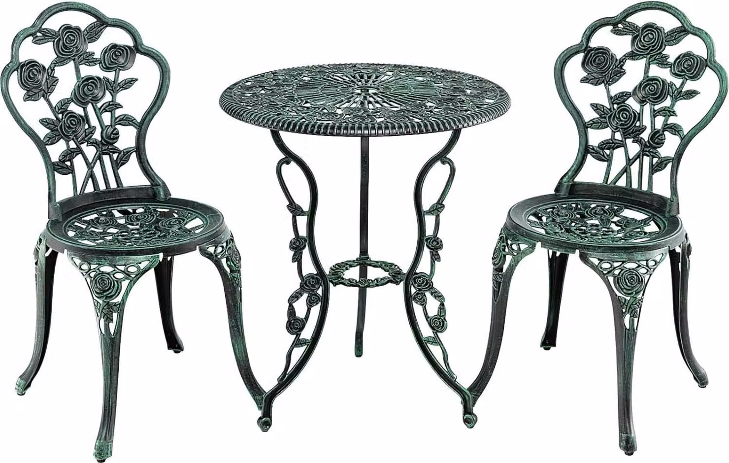 Set di mobili da giardino KOMFOTTEU in 3 pezzi, tavolo da giardino con 2 sedie, set da bistrot in alluminio resistente alle intemperie, set da salotto con motivo a rose per balcone, giardino e terrazza, verde bronzo