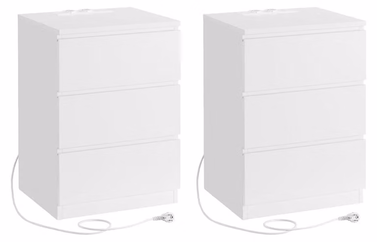 Set di due comodini - tavolino moderno - 2 prese di corrente - colore bianco nuvola - 45x35x55 cm