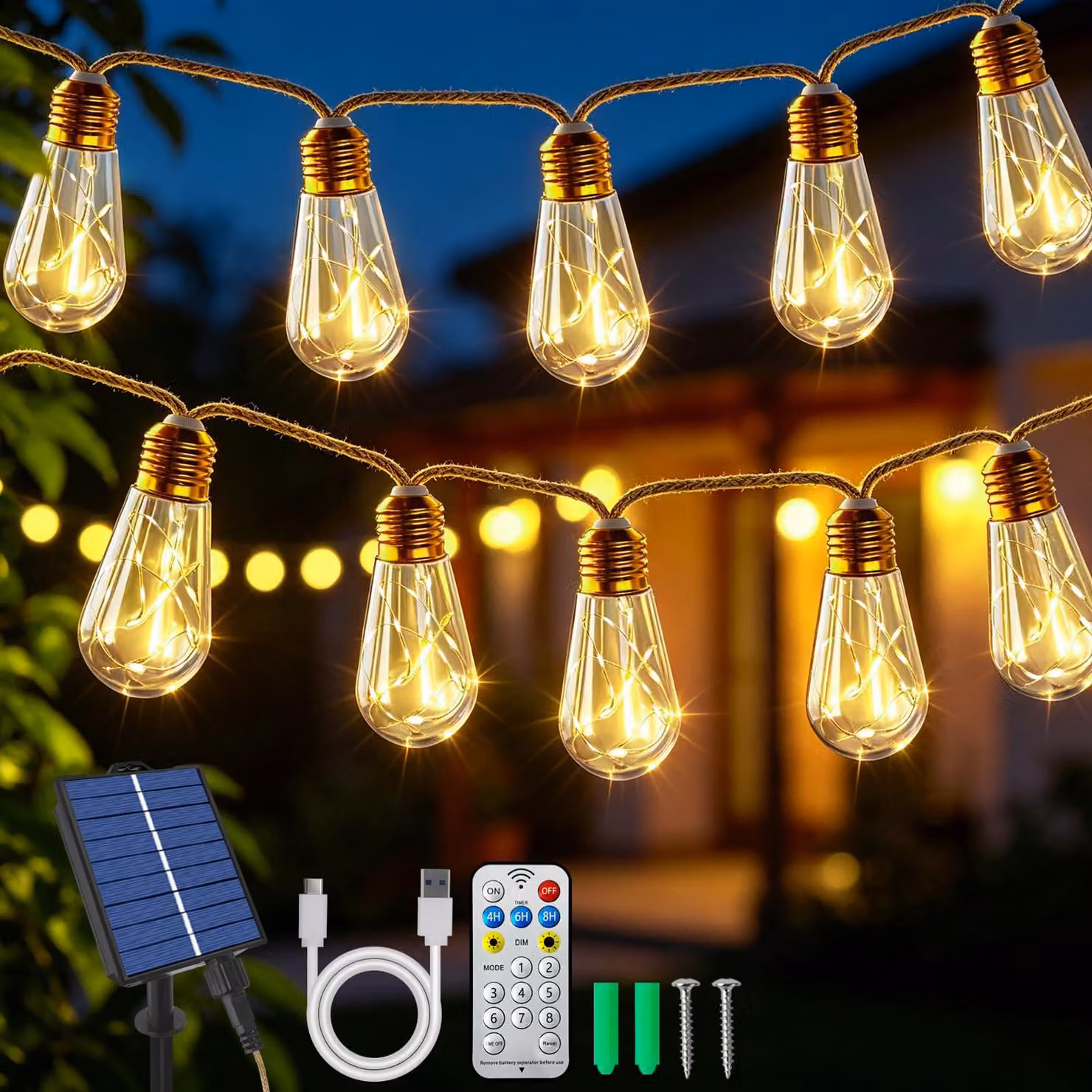Catena luminosa solare, con 16 lampadine a LED bianco caldo, lunghezza 8 metri, resistente alle intemperie