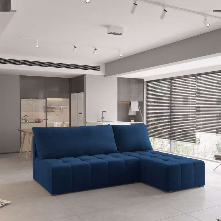Divano angolare DOMIRA di Masseno con funzione letto a L, divano con box letto, divano da soggiorno, divano, divano letto, set di divani - blu, KRONOS 09