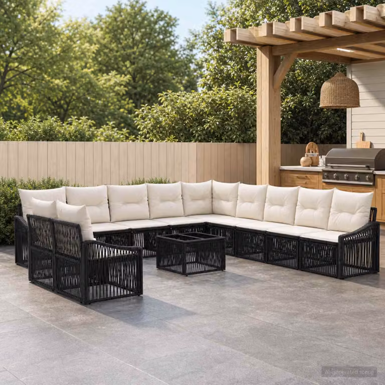 Set Divano da Giardino vidaXL a forma a U con Tavolino, Nero, 12 Pezzi con Cuscini e Struttura in Metallo e Polyrattan