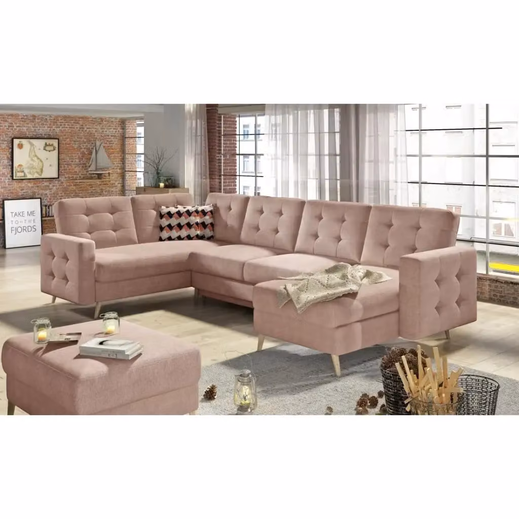 Divano ad angolo panoramico convertibile HASGARD MEUBLORAMA in velluto rosa, L: 326 cm, P: 202 cm – 2