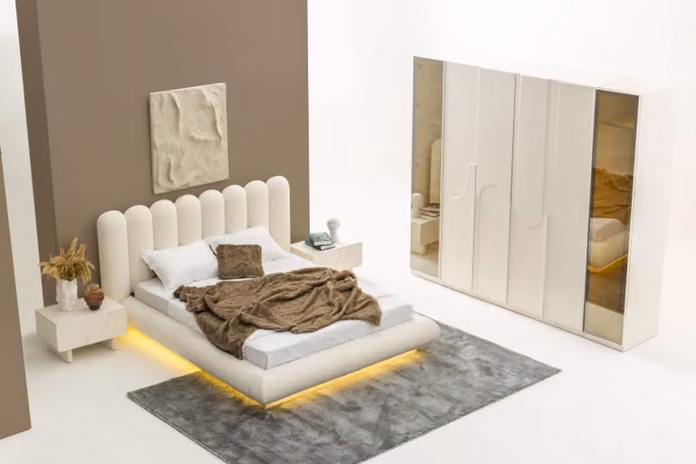 Moderno set da camera da letto in 4 pezzi con letto, comodini e armadio