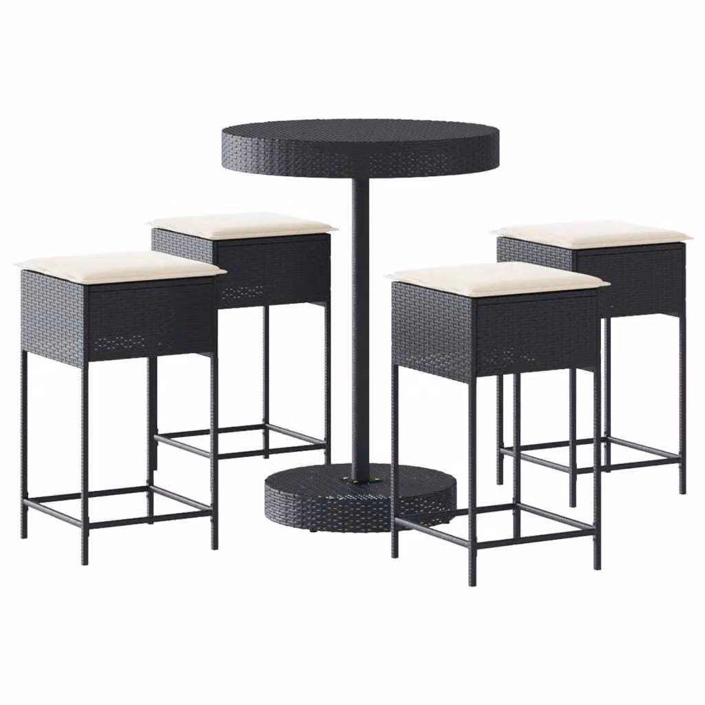 Set Bar da Giardino 5 pz con Cuscini in Polyrattan Nero