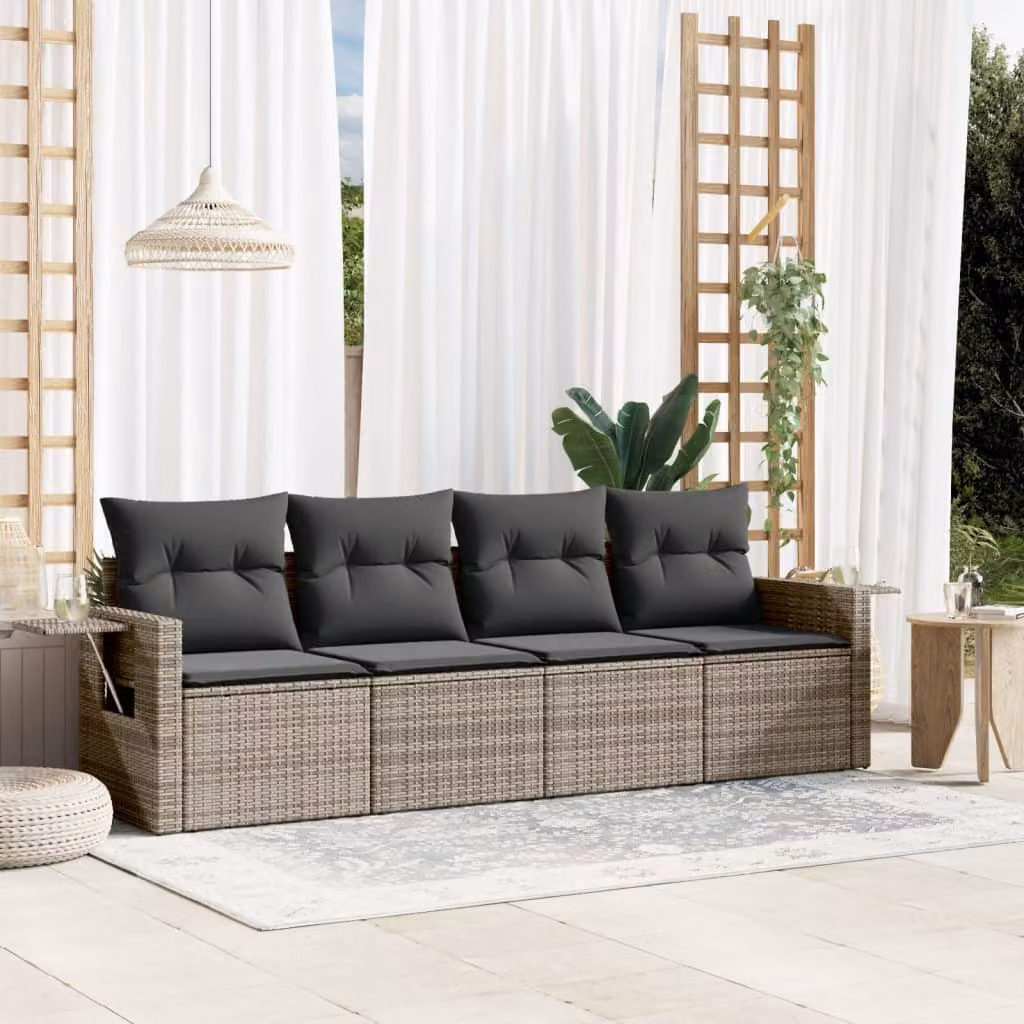 vidaXL Set Divani da Giardino 4 pz in Polyrattan Grigio con Cuscini e Tavolino – 1